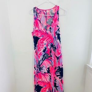 Lilly Pulitzer Kerri Paradise Point Pink & Blue Feather Maxi Slit Dress Medium